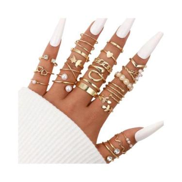 Imagem de Conjunto De Anéis Geométricos De Pérola Dourada Para Mulheres, 66 Peça