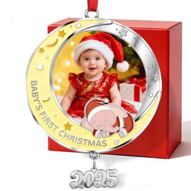 Imagem de Enfeite de foto do primeiro Natal do bebê 2025 para meninas - Ornamento de elefante rosa personalizado - My 1st Xmas Tree New Baby Girl Picture Keepsake Ornamentos Decoração
