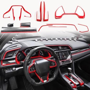 Imagem de YJMOTOR Para Honda 10ª geração Civic 2016 2017 2018 2019 2020 ABS padrão de fibra de carbono console central painel capa e caixa de engrenagens e acessórios de acabamento de volante 15 peças (conjunto