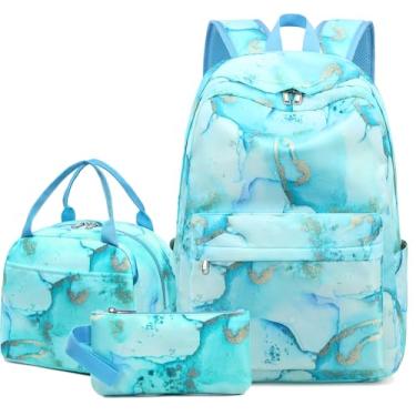 Imagem de LOIDOU Mochila para meninas adolescentes, mochila escolar com lancheira e estojo de lápis, conjunto de mochilas escolares 3 em 1, Mármore azul 90