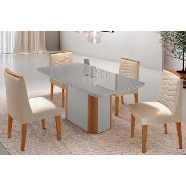 Imagem de Sala Jantar Mesa Pietá Tampo c/ Vidro Curvo 120cm+4 Cadeiras Maldivas Naturale/Off White - Suede Creme - Rufato