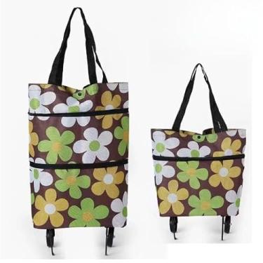 Imagem de Carrinho de Compras Dobrável com Rodas Multiuso Portátil até 30kg – Leve, Ecológico e Compacto(3,Coffe Flor)