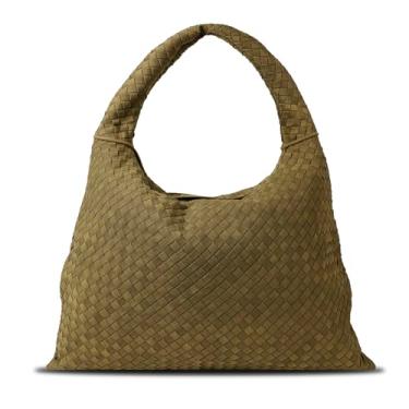 Imagem de Bolsa de couro vegano, hobo de camurça vintage, bolsa de camurça tecida, grande bolsa de ombro de couro trançado Hobo, Verde - grande