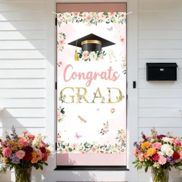 Imagem de Jollyboom Decorações florais de festa de formatura menina, parabéns florais graduados sinal de porta banner ouro rosa para turma de 2026 graduação parabéns mulheres ao ar livre