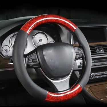 Imagem de Knonip Capa de volante de grão de madeira de 38 cm couro PU respirável antiderrapante macio acolchoado protetor de volante automotivo resistente (vermelho)