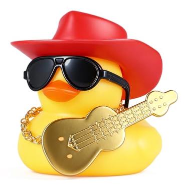 Imagem de BOZILY Mini chapéu de cowboy vermelho, guitarra, pato de borracha, decoração com óculos de sol e corrente dourada - Ornamento de painel de silicone para acessórios de decoração de interiores de carro