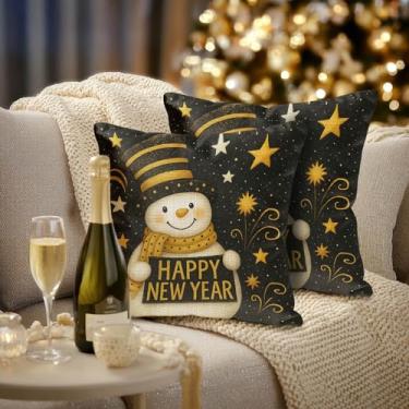 Imagem de HOMETITUTE Conjunto de 2 capas de almofada de linho feliz ano novo boneco de neve 45,7 x 45,7 cm ouro estrelas fogos de artifício capas de almofada rústica casa de fazenda férias inverno fronhas para