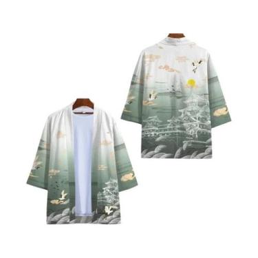 Imagem de Kimono Unissex Preto E Branco Cosplay Samurai Cardigan Yukata Fantasia