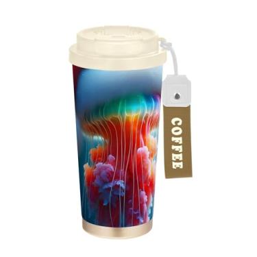 Imagem de TSENQUE Caneca de café de viagem de 473 ml, copo de caneca de café com revestimento cerâmico com tampa e canudo, copo isolado a vácuo de aço inoxidável, água-viva de Natal engraçada