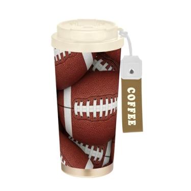 Imagem de TSENQUE Copo de café de viagem de 473 ml, copo de café de viagem com revestimento cerâmico com canudo e tampa, copo isolado a vácuo de aço inoxidável, estampa marrom de futebol americano