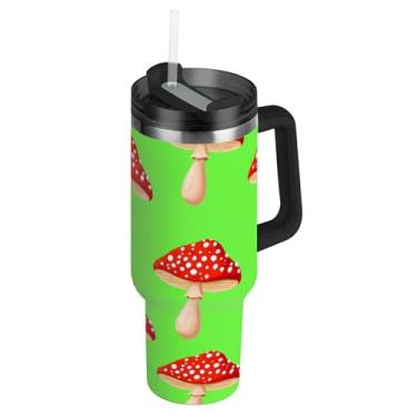 Imagem de Cogumelos vermelhos verde-claro copos com tampas e canudo copo térmico com alça 1,134 g garrafa de água isolada carros de aço inoxidável copo de café bebida quente