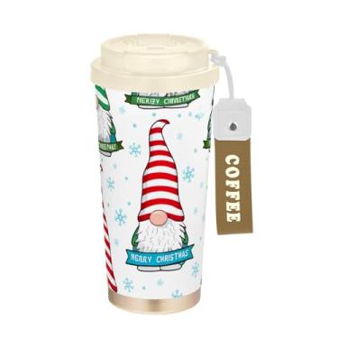 Imagem de Caneca de viagem de café 40 ml com canudo e tampa, copos de parede dupla isolados a vácuo com revestimento cerâmico, lindos gnomos de Natal listrados