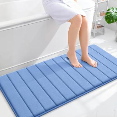 Imagem de OLANLY Tapetes de banheiro longos listrados de espuma viscoelástica 119 x 61 cm, tapete de banho absorvente super macio, secagem rápida, tapetes de chuveiro laváveis na máquina, tapete de banho