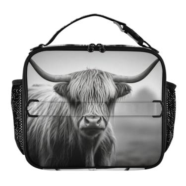 Imagem de Lancheira preta branca de vaca Highland para mulheres, meninas, lancheira com alça de ombro masculina e infantil, lancheira para trabalho, escola, animal, floral, bolsa térmica