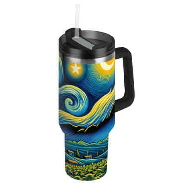 Imagem de Joisal Copos de aço inoxidável com tampas e canudo garrafa de água noturna estrelada cabe em copo de carro rosa fofo copo de 850 g com alça garrafa de água isolada