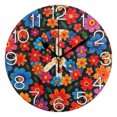 Imagem de GAIGEO Relógio de parede analógico decorativo relógio de cozinha bonito funky alimentado por bateria, decoração de parede de meados do século sala de estar, símbolo de paz branco floral colorido, 25