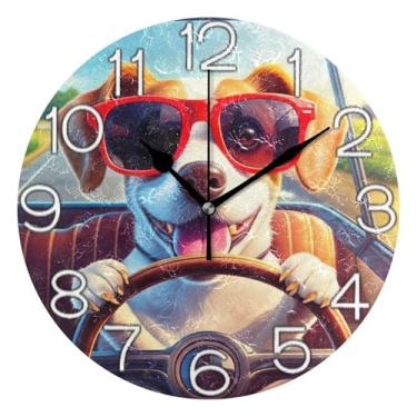 Imagem de GAIGEO Relógio de parede analógico decorativo funky alimentado por bateria relógio de cozinha rústico, decoração de parede vintage sala de estar cachorro feliz motorista de carro engraçado, 25 cm