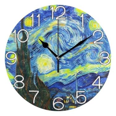 Imagem de GAIGEO Relógio de parede analógico decorativo estético silencioso sem tique-taque relógio de cozinha rústico, arte de parede moderna legal decoração de casa abstrato noite estrelada céu azul, 25 cm