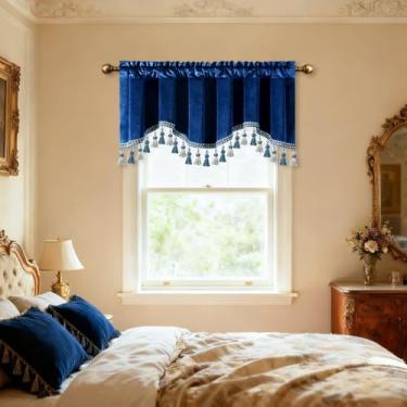 Imagem de VOGOL Saia para quarto de veludo azul royal, cobertura decorativa para janela de filtragem de luz com borlas de contas, cortina elegante e macia para sala de jantar, 132 x 45 cm, 1 painel