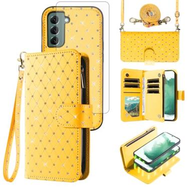 Imagem de Capa carteira compatível com Samsung Galaxy S22 Plus S22+ 5G com zíper para celular e protetor de tela, alça transversal, flip com glitter, porta-cartões, capa para celular S22+5G S22plus 22S + S 22