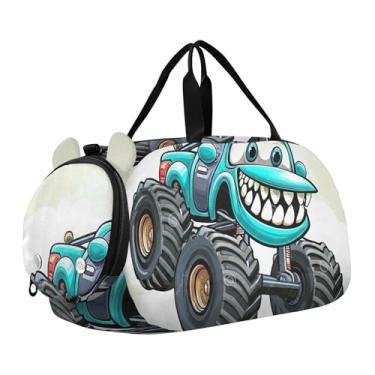 Imagem de Linda bolsa esportiva para meninos da floresta da família de cervos durante a noite, bolsa de viagem para meninas, bolsa de viagem com compartimento para sapatos, Caminhão monstro azul desenho animado