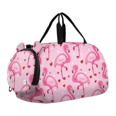 Imagem de Lindas bolsas de viagem brancas com cara de gato para meninas, bolsa de viagem para fim de semana, dança noturna, bagagem de mão para meninos, Flamingos fofos de desenho animado rosa, Clássico