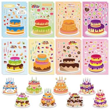 Imagem de 16 folhas de adesivos de bolo, 8 estilos Faça seus próprios adesivos de bolo para projetos de artesanato de festa, ideal para presente, recompensa de classe, atividades de classe