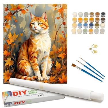 Imagem de Kit de pintura de gato por números para adultos – Pintura DIY de gato laranja na floresta de outono em tela enrolada 40 x 50 cm, conjunto de tinta acrílica, adequado para iniciantes, arte de animais