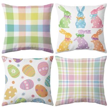 Imagem de Peryiter 4 peças de capas de almofada de Páscoa pastel 45,7 x 45,7 cm conjunto de 4 fronhas decorativas coloridas de búfalo xadrez de bolinhas para decoração de Páscoa, almofada de fazenda de