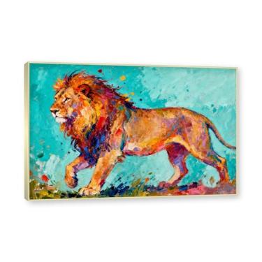 Imagem de NHLDZYH Moldura dourada. Pintura de leão colorida, impressão de arte abstrata vibrante, decoração de parede de animais selvagens e enérgicos, tela contemporânea moderna para quarto, academia, quarto