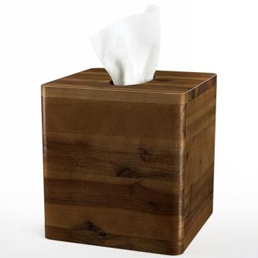 Imagem de Tidita Capa quadrada de caixa de lenços de madeira de acácia, suporte de caixa de lenços de madeira com fundo deslizante, cubo de cobertura de caixa de lenços de madeira (cor nogueira, pequeno)