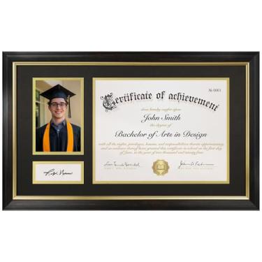 Imagem de FrameMind Moldura de diploma 28 x 48 cm, visor para certificado de 21 x 28 cm e fotos 10 x 15 cm, vidro temperado com tapete preto sobre dourado sem ácido, moldura de graduação para graduação, marrom
