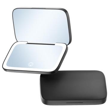 Imagem de wanhaoshangmao Espelho de maquiagem portátil LED com luz tricolor, ampliação de 5x, recarregável, interruptor magnético, escurecimento por toque, carregamento USB, preto, 140 x 84 x 23,5 mm