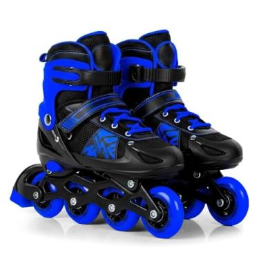 Imagem de Patins Inline Infantil Ajustável 4 Rodas com Freio e Interior Acolchoado - Conforto e Segurança para Crianças 6+(Azul,M (34-37))