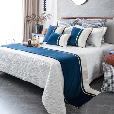 Imagem de HSTANGKY Cachecol para cama de hotel, luxuoso, cor sólida, colchas decorativas sem rugas, protetor de cama sem desbotamento, toalha de cama para solteiro, queen king, tamanho azul||50 x 240 cm para