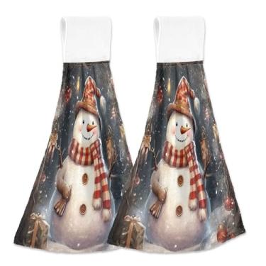 Imagem de Blueangle 2 peças de toalhas de gravata penduradas de boneco de neve de Natal toalha de mão de cozinha absorvente de veludo coral macio pano de pano para cozinha e banheiro (340)