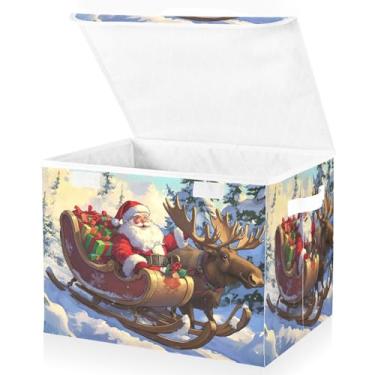 Imagem de Blueangle Cestos de armazenamento de renas de Papai Noel com tampas, 42 x 32 x 30 cm, grande cesta organizadora dobrável para decoração de escritório e armário (236)