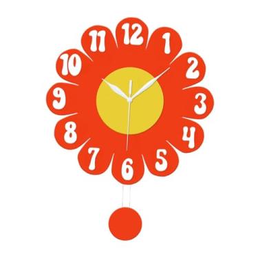 Imagem de WeiLaiKeQi Relógio de parede em formato de flor, silencioso, em acrílico, com pêndulo, sem -taque, ideal para berçário, amantes da música, escritório, Vermelho