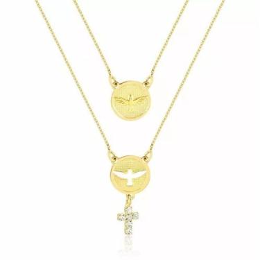 Imagem de Colar Duplo Medalha Espírito Santo Divino Folheado - Milena Folheados