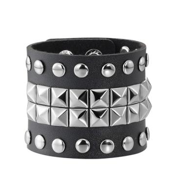 Imagem de JAZTAKU Pulseira punk cravejada de couro PU dos anos 80 pulseira gótica Emo Rock Biker Cuff para homens e mulheres, Medium, Zinco, Sem Pedra Preciosa