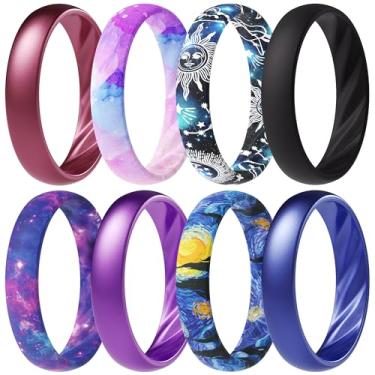 Imagem de ThunderFit Alianças de casamento de silicone para mulheres, ranhuras onduladas elegantes, 4 mm de largura, 1,6 mm de espessura, respirável, anéis de noivado de borracha femininos, pacote com 8 (O-U