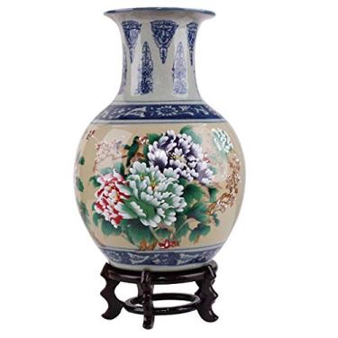 Imagem de U5GAAALPPQ9 Vaso decorativo Vaso de cerâmica chinesa com base, dois estilos, vaso de decoração de flor de peônia pintado à mão, esmalte rachado, decoração de arte para casa, vaso de flores de 35 cm