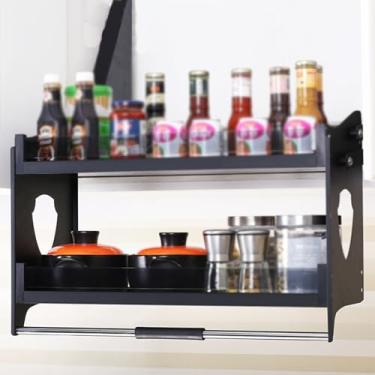 Imagem de Prateleira de puxar para baixo de 2 níveis, prateleira de puxar para baixo de armário de cozinha, placa de economia de espaço para elevação de eletrodomésticos de cozinha, rolamento de armário