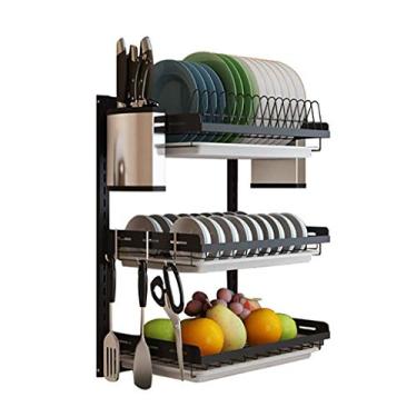Imagem de Escorredor de louça, prateleira de cozinha, preto, 201, de aço inoxidável, suporte de parede, escorredor de pratos com suporte de faca, gaiola de pauzinhos, 3 ganchos - 2 camadas/3 camadas