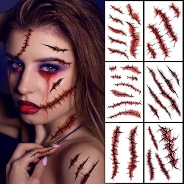 Imagem de JCFIRE Kit de maquiagem de Halloween com 12 folhas, rosto corporal, cicatrizes falsas, tatuagens temporárias de Halloween para crianças e adultos, fantasia de zumbi para crianças, mulheres, tatuagens