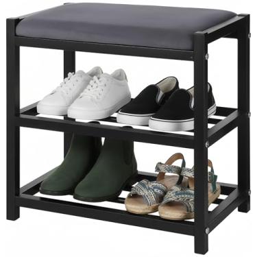 Imagem de COSYOO Banco pequeno de sapateira com assento de tecido cinza macio, organizador de armazenamento de sapatos de 3 níveis, banco de entrada de 43 x 39,9 x 24,9 cm, design que economiza espaço