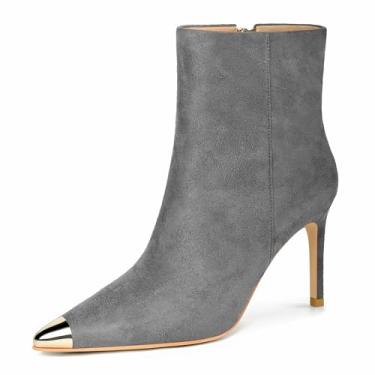 Imagem de XINIUNIU Bota feminina de cano baixo, salto agulha gatinho, bico fino, bico fino, camurça, zíper lateral, 8,5 cm, vestido curto, Cinza, 36