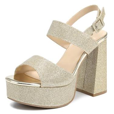 Imagem de risdoada Salto plataforma feminino 11 cm, salto alto grosso, tira no tornozelo, bico quadrado, sandálias de salto alto para festa de casamento, Dourado, 41