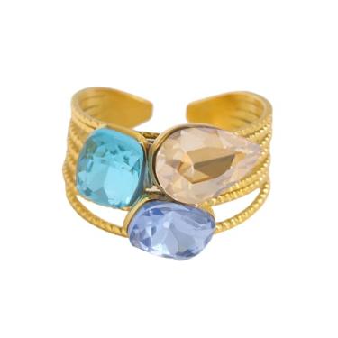 Imagem de OIDIMS Anel de coquetel vintage geométrico CZ para noivas de aço inoxidável banhado a ouro ajustável com pedra preciosa brilhante anel aberto elegante aliança de compromisso de casamento delicada joia