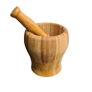Imagem de Pilão de Madeira Rústico Bambu Com Socador Reforçado Amaasador Alho Ervas Cozinha Culinária